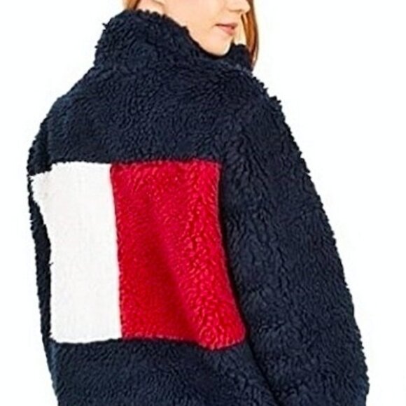 NWT Tommy Hilfiger Warm Teddy Sherpa Jacket Navy blue red white logo - Picture 1 of 6